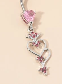 女式男士水鑽心形裝飾肚臍肚皮環假穿孔防過敏女式男士無需穿孔身體首飾禮物 - 粉色 - 查看 2