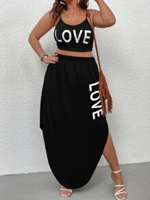 SHEIN LUNE Plus Letter Graphic Cami Top & Curved Hem Skirt - Black - View 1