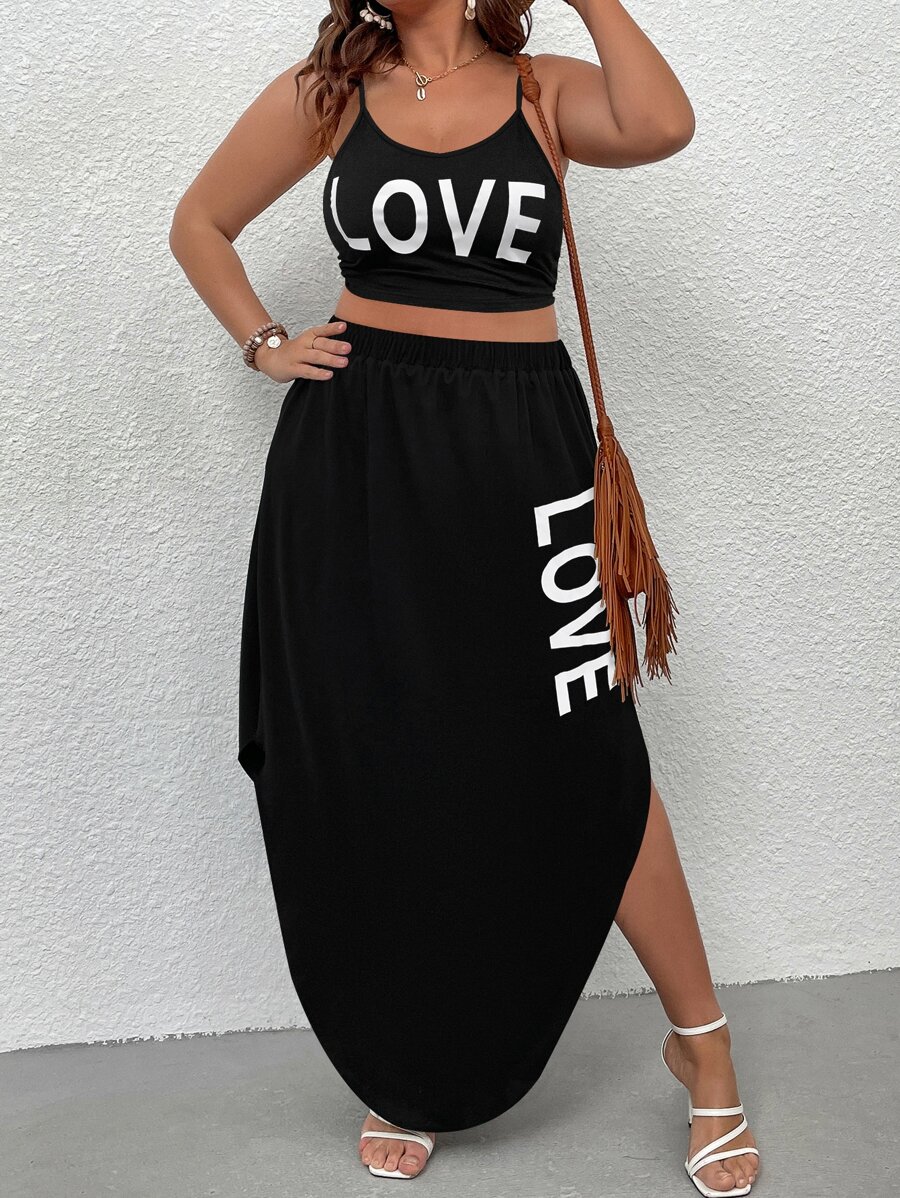 SHEIN LUNE Plus Letter Graphic Cami Top & Curved Hem Skirt - Black - View 1