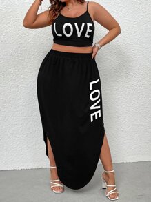 SHEIN LUNE Plus Letter Graphic Cami Top & Curved Hem Skirt - Black - View 3