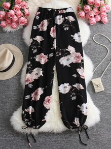 SHEIN LUNE Plus Floral Print Drawstring Hem Pants - Multicolor - View 1