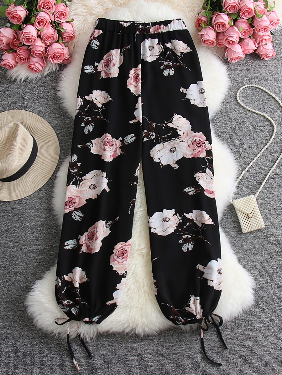 SHEIN LUNE Plus Floral Print Drawstring Hem Pants - Multicolor - View 1
