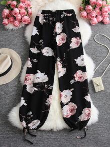 SHEIN LUNE Plus Floral Print Drawstring Hem Pants - Multicolor - View 2