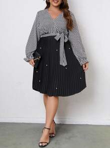 SHEIN LUNE Vestido con cinturón con estampado de rayas con cuenta de perla - Blanco y Negro - Ver 5