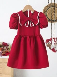 小女童前蝴蝶結泡泡袖連衣裙 - 酒紅色 - 查看 1