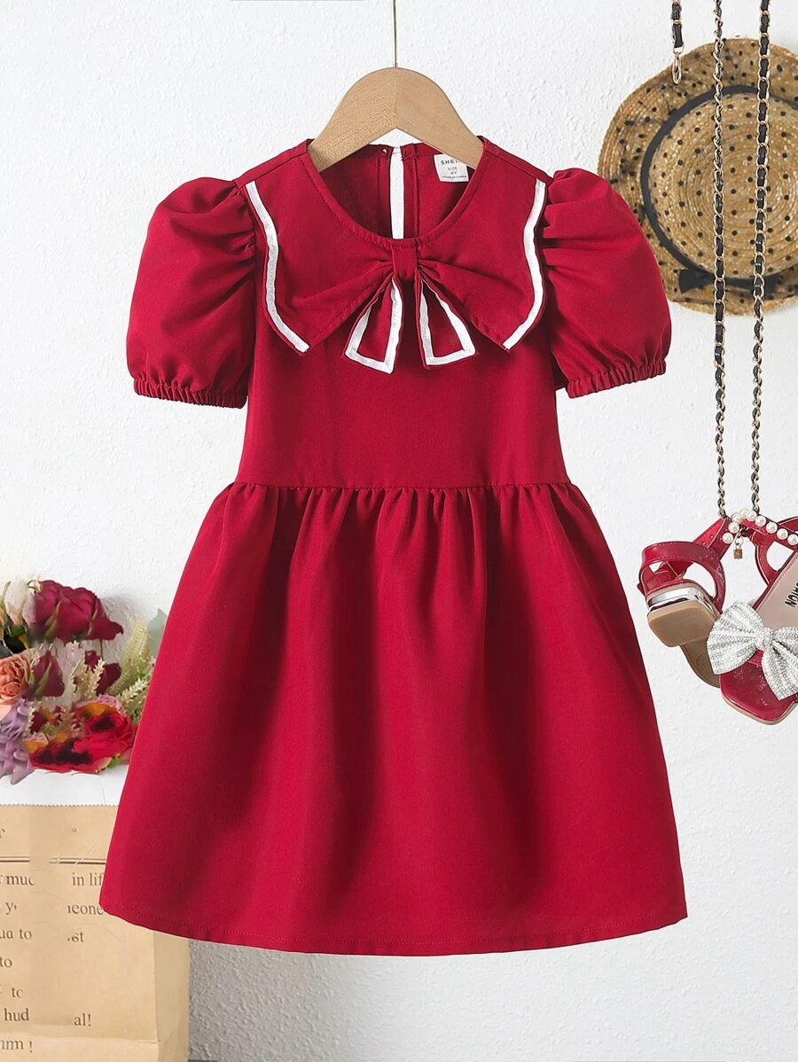 小女童前蝴蝶結泡泡袖連衣裙 - 酒紅色 - 查看 1