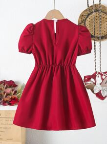 小女童前蝴蝶結泡泡袖連衣裙 - 酒紅色 - 查看 2