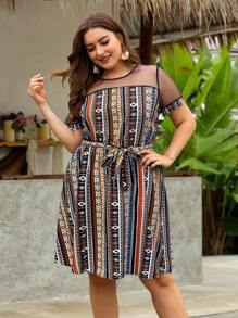 SHEIN Holidaya Vestido con cinturón con estampado geométrico de malla en contraste - Multicolor - Ver 1