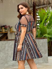 SHEIN Holidaya Vestido con cinturón con estampado geométrico de malla en contraste - Multicolor - Ver 2