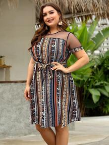 SHEIN Holidaya Vestido con cinturón con estampado geométrico de malla en contraste - Multicolor - Ver 3