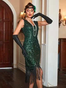 Vestido De Flecos Y Lentejuelas Para Mujer Estilo Años 20 Sin Guantes - Verde - Ver 3