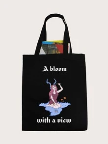 A Bloom With A View Letter & Figure Graphic Shopper Bag - Black - View 1