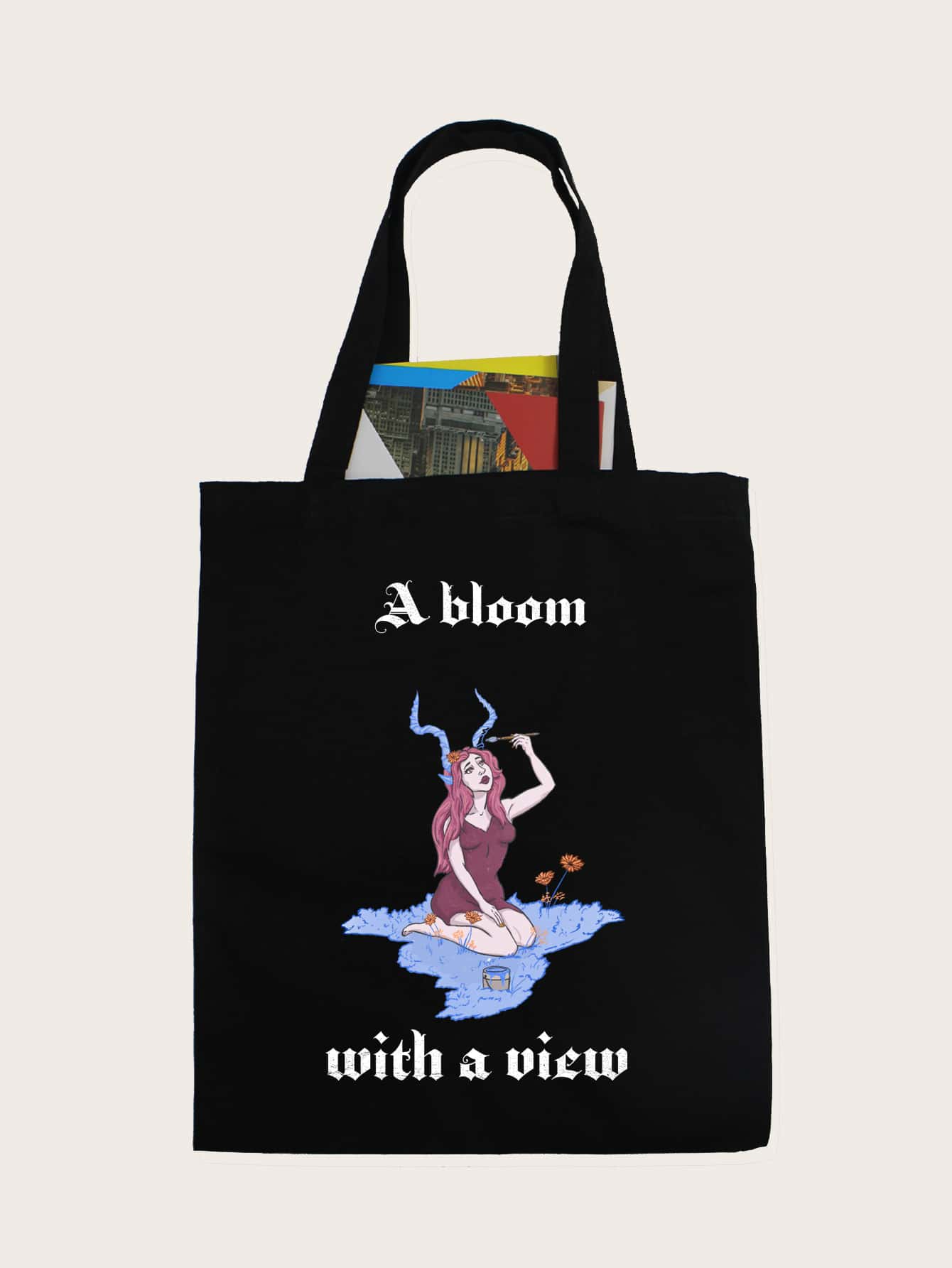 A Bloom With A View Letter & Figure Graphic Shopper Bag - Black - View 1