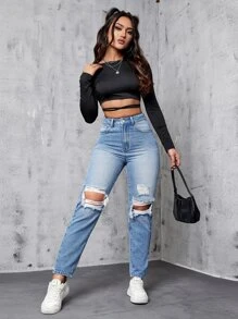 Jeans desgarro con bolsillo oblicuo - Lavado ligero - Ver 1