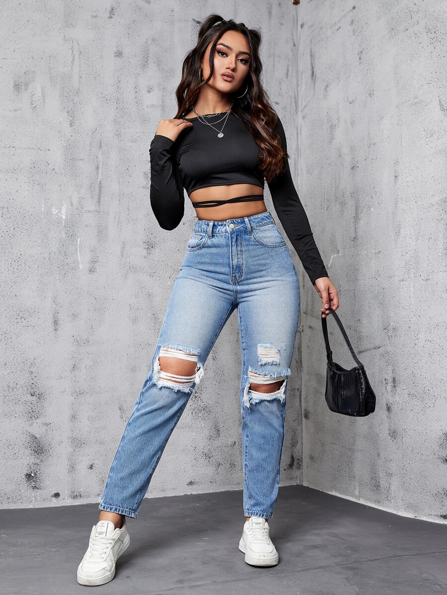 Jeans desgarro con bolsillo oblicuo - Lavado ligero - Ver 1