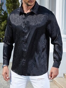 Manfinity Men Plus Leaf Jacquard Button Up Shirt - Black - View 1