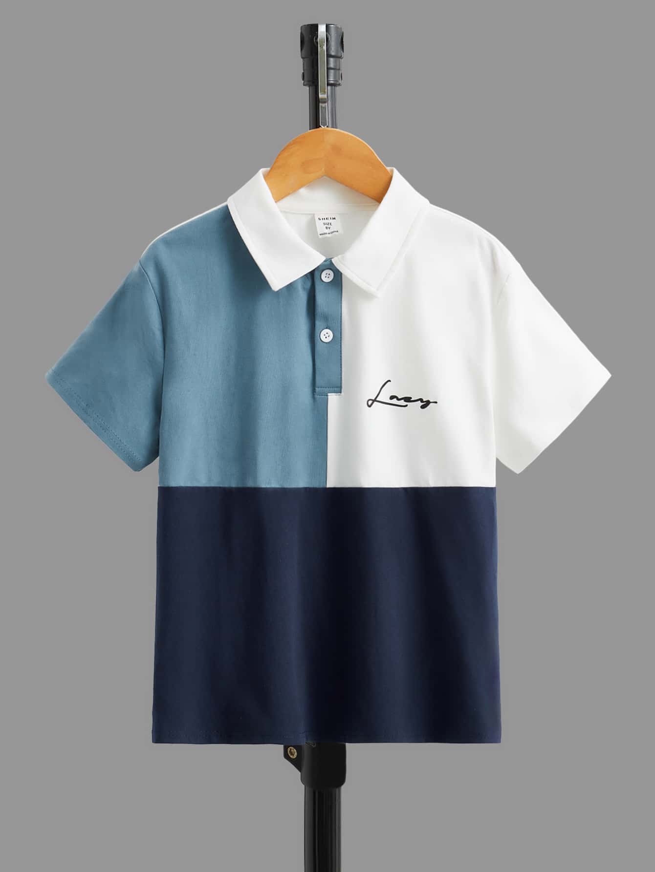 SHEIN Boys Colour Block Letter Graphic Polo Shirt - Dusty Blue - View 1