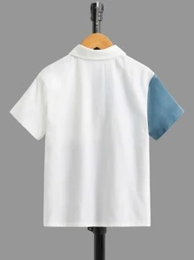 SHEIN Boys Colour Block Letter Graphic Polo Shirt - Dusty Blue - View 2