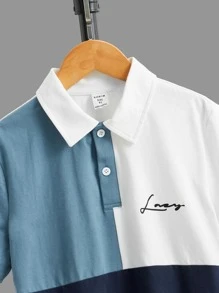 SHEIN Boys Colour Block Letter Graphic Polo Shirt - Dusty Blue - View 3