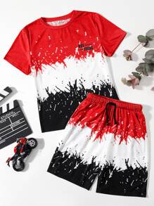 SHEIN Boys Letter Graphic Colourblock Tee And Shorts Set - Red - View 1