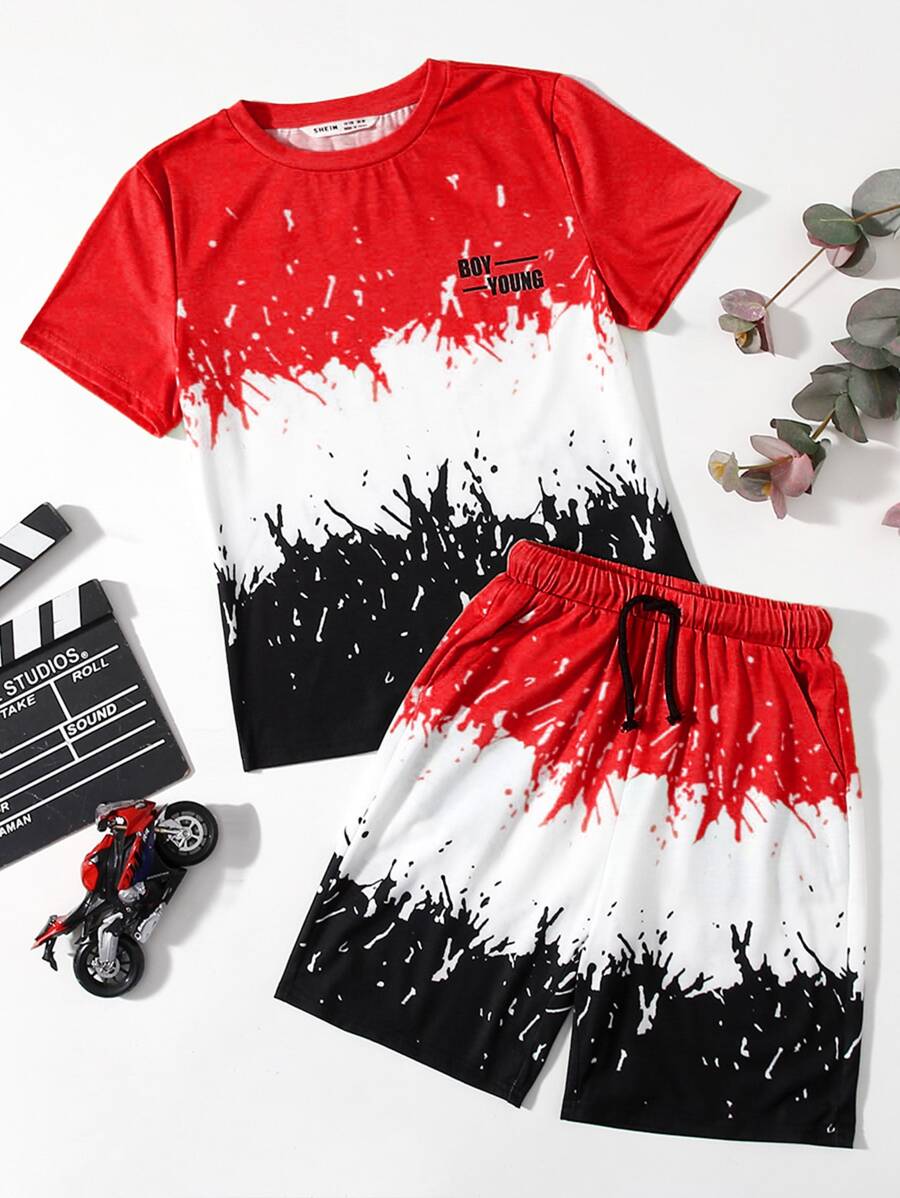 SHEIN Boys Letter Graphic Colourblock Tee And Shorts Set - Red - View 1