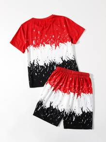 SHEIN Boys Letter Graphic Colourblock Tee And Shorts Set - Red - View 2