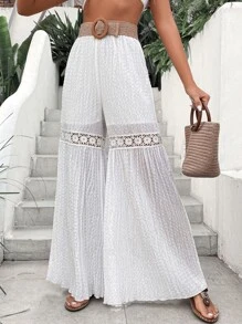 SHEIN VCAY Solid Contrast Lace Wide Leg Pants - White - View 4