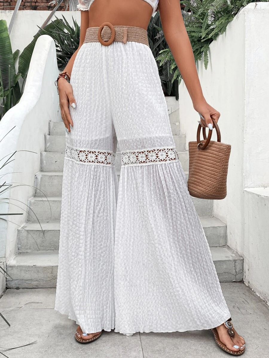 SHEIN VCAY Solid Contrast Lace Wide Leg Pants - White - View 1