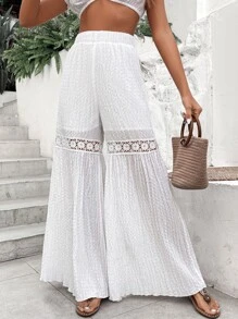 SHEIN VCAY Solid Contrast Lace Wide Leg Pants - White - View 5