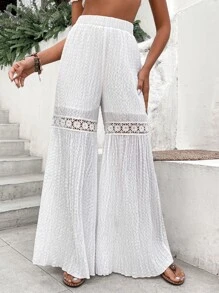 SHEIN VCAY Solid Contrast Lace Wide Leg Pants - White - View 6