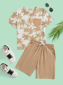 SHEIN Boys Tropical Print Tee & Shorts Set - Camel - View 1