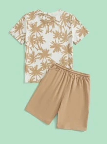 SHEIN Boys Tropical Print Tee & Shorts Set - Camel - View 2