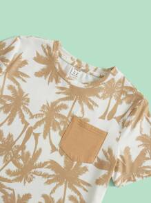 SHEIN Boys Tropical Print Tee & Shorts Set - Camel - View 3