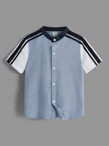 SHEIN Áo sơ mi bé trai Sọc bên Nút phía trước Khối Màu Sọc Giải trí - Nhiều màu - Xem 1