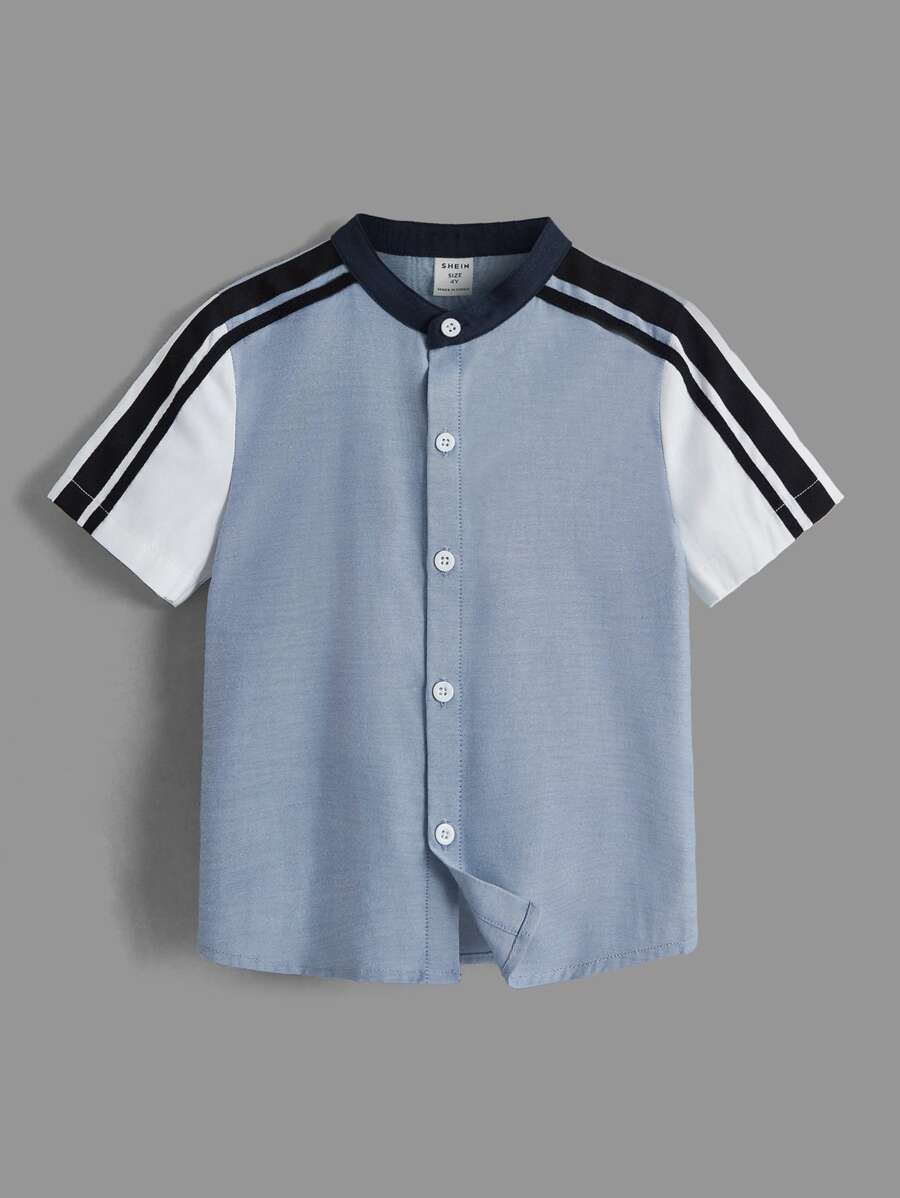 SHEIN Áo sơ mi bé trai Sọc bên Nút phía trước Khối Màu Sọc Giải trí - Nhiều màu - Xem 1