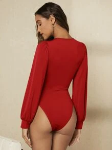 BizChic Women's Solid Color Deep V-Neck Ruffle Lantern Sleeve Long Sleeve Bodysuit, Elegant And Fashionable Casual Business Commuter Blouse, Suitable For Work, Music Concerts, Mature And Refined - Red - View 2