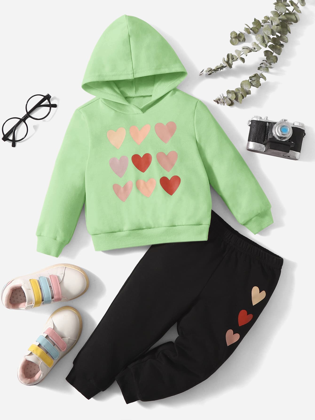 SHEIN Baby Heart Print Hoodie & Joggers Set - Multicolor - View 1
