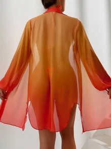 SHEIN Swim 漸層下擺開叉開門襟和服罩衫 - 橘色 - 查看 2