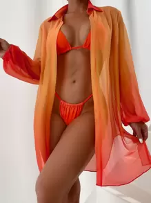 SHEIN Swim 漸層下擺開叉開門襟和服罩衫 - 橘色 - 查看 3