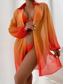 SHEIN Swim 漸層下擺開叉開門襟和服罩衫 - 橘色 - 查看 4