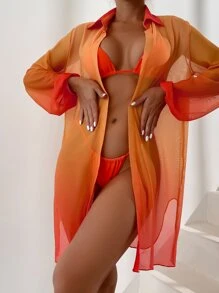 SHEIN Swim 漸層下擺開叉開門襟和服罩衫 - 橘色 - 查看 5