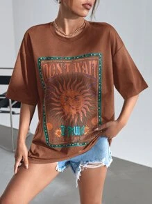 SHEIN EZwear Sun & Letter Graphic Drop Shoulder Tee - Brown - View 3