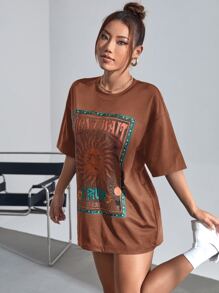 SHEIN EZwear Sun & Letter Graphic Drop Shoulder Tee - Brown - View 5
