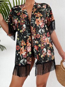 Floral Print Fringe Hem Kimono - Multicolor - View 1
