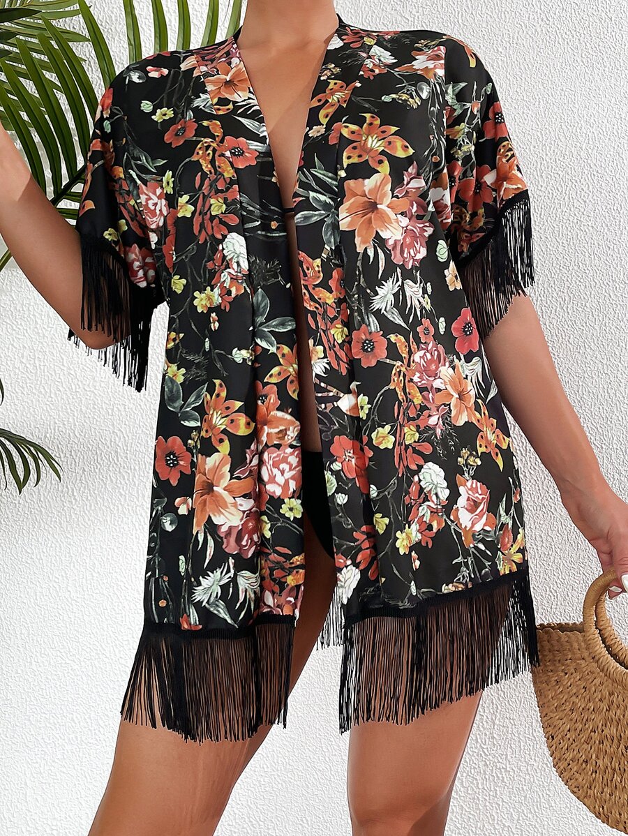 Floral Print Fringe Hem Kimono - Multicolor - View 1