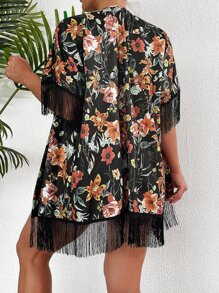 Floral Print Fringe Hem Kimono - Multicolor - View 2