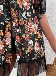 Floral Print Fringe Hem Kimono - Multicolor - View 4