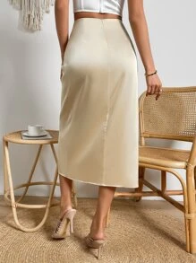 Chiquease High Waist Ruched Split Thigh Skirt - Champagne - View 3