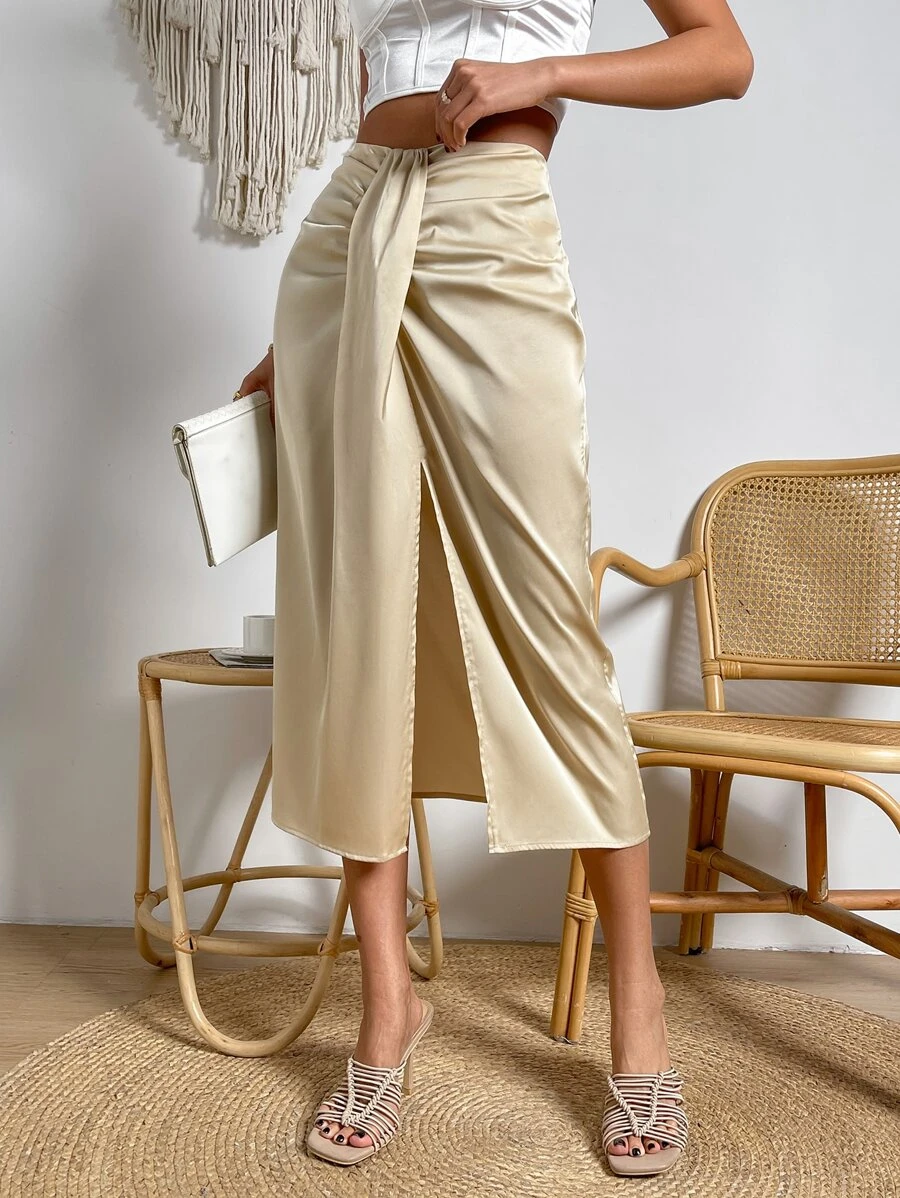 Chiquease High Waist Ruched Split Thigh Skirt - Champagne - View 1