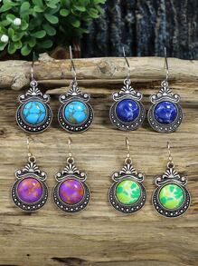 4對波希米亞復古風格多彩天然石頭古銀和金合金垂墜耳環套裝,適合女性全年日常工作 - 彩色 - 查看 8